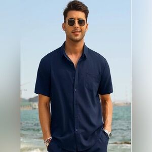 Navy Blue Textured Short Sleeve Button Down - Size Large